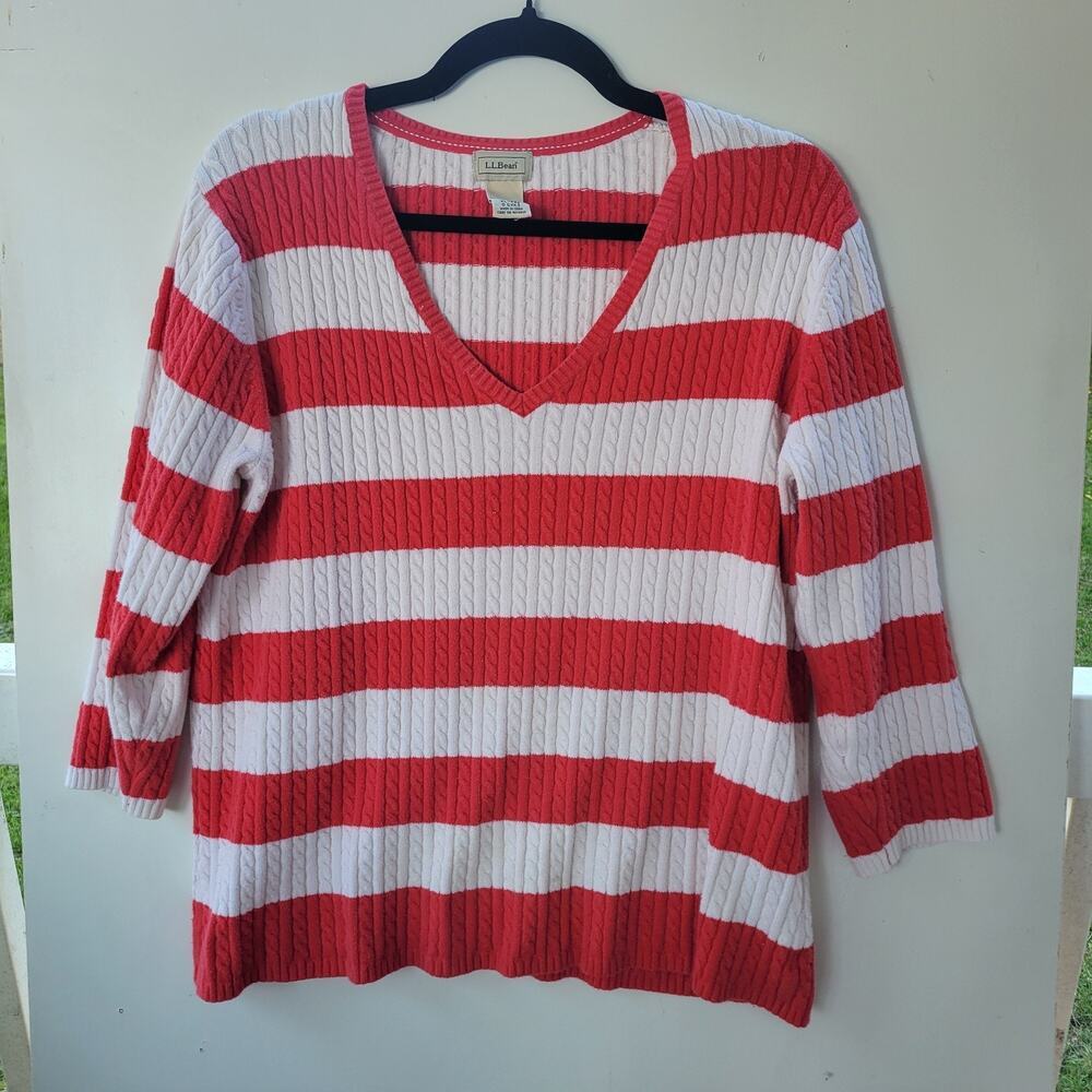 L.L. Bean Women's XL Red White Stripe Cable Knit Cotton Blend Sweater V-Neck...